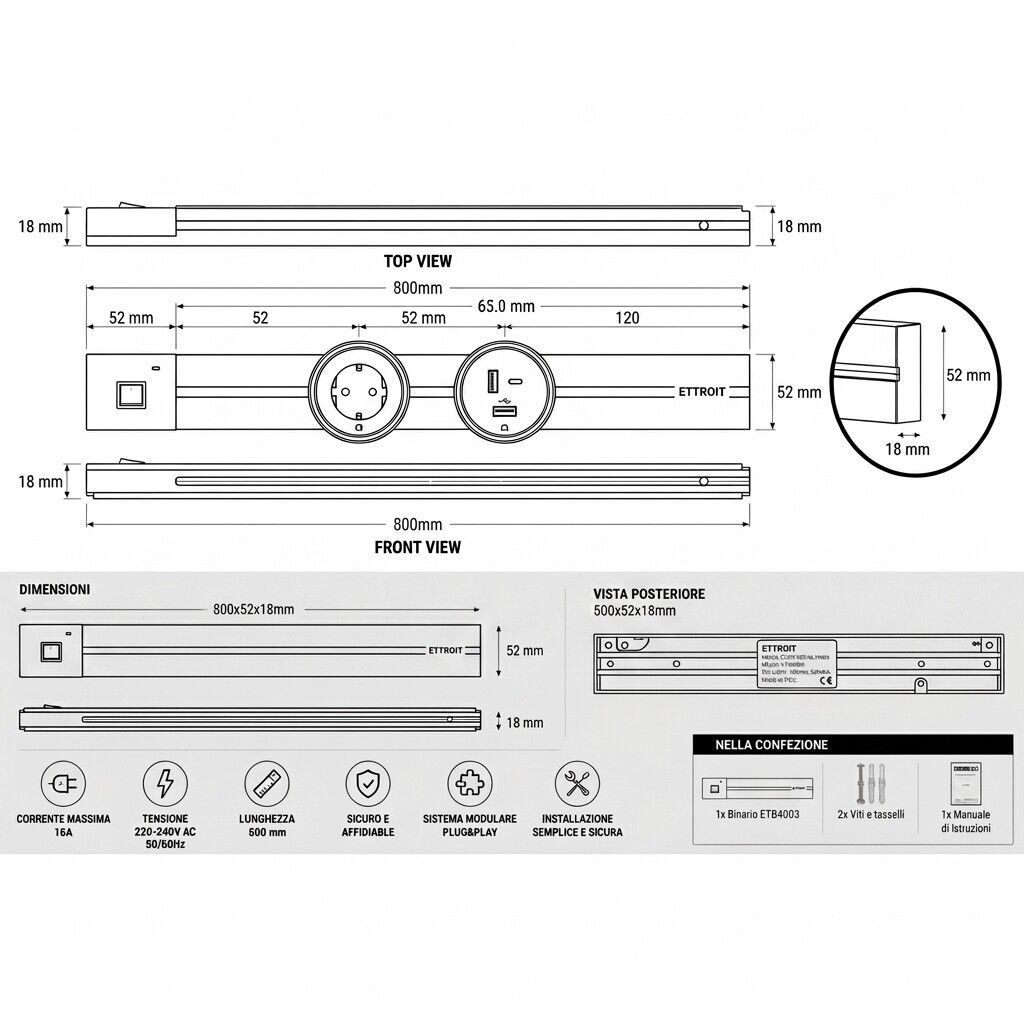 binario elettrificato da parete ettroit etg4005 plug&play 800 mm 16a grigio - dettaglio 2