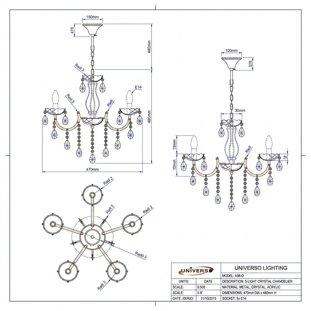 lampadario universo a98-o 5 luci e14 con cristalli - dettaglio 2