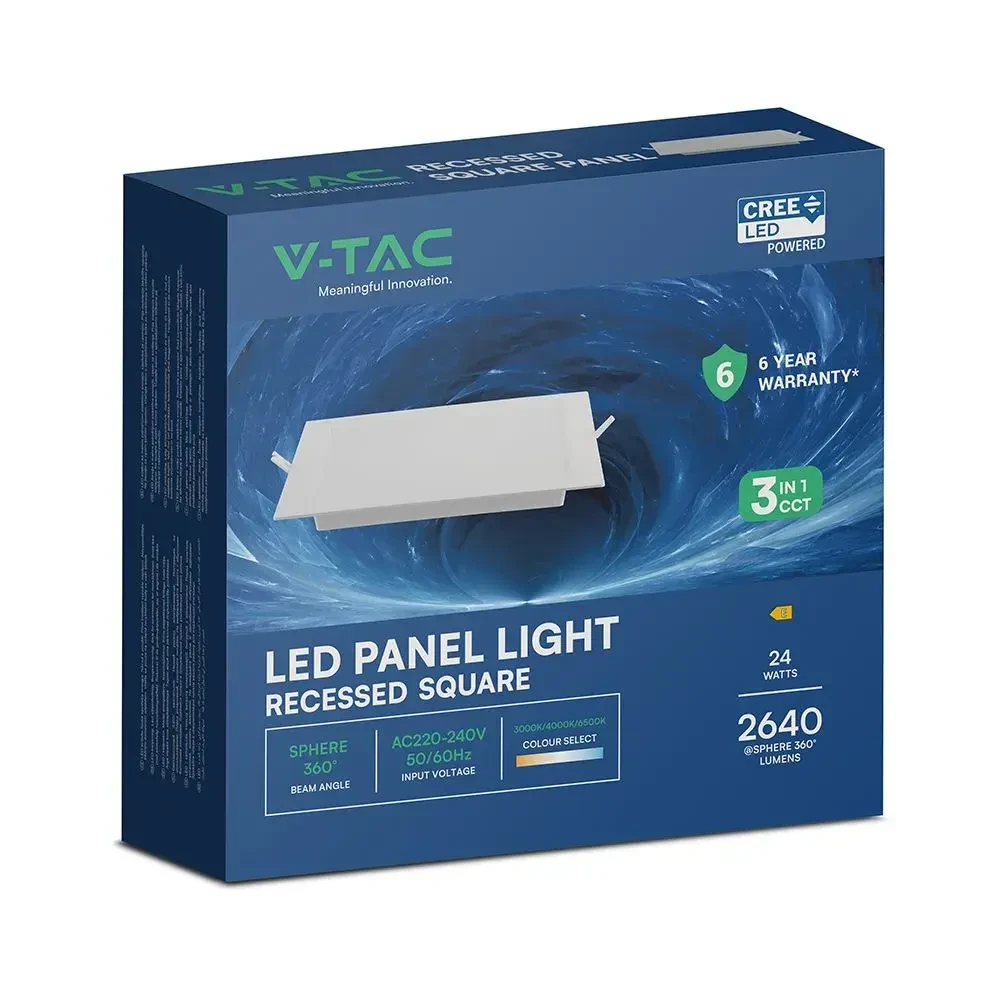 pannello led da incasso vtac 3 colori vt-61024cct 24w quadrato
