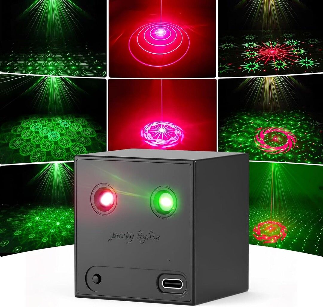 mini party light foyu minilight proiettore ricaricabile rosso verde con effetti musicali