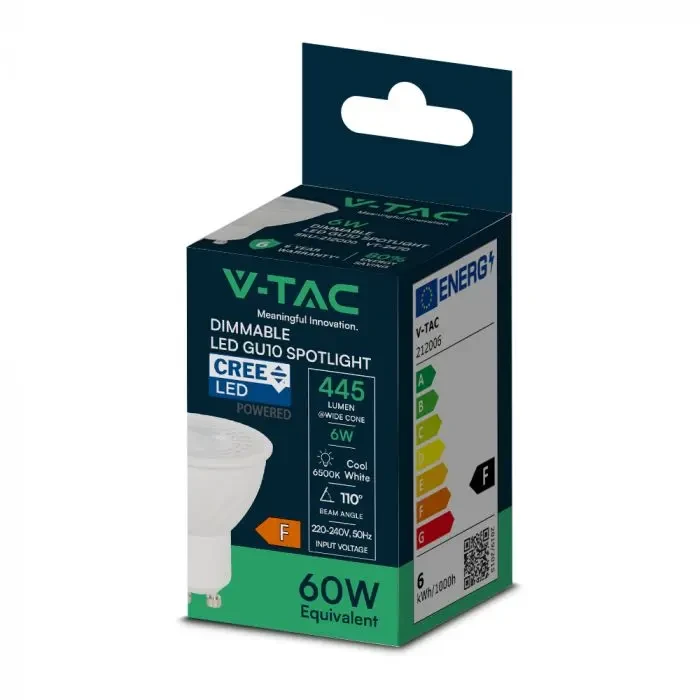 faretto led gu10 v-tac vt-247d 6w dimmerabile 3000k 110° - dettaglio 2