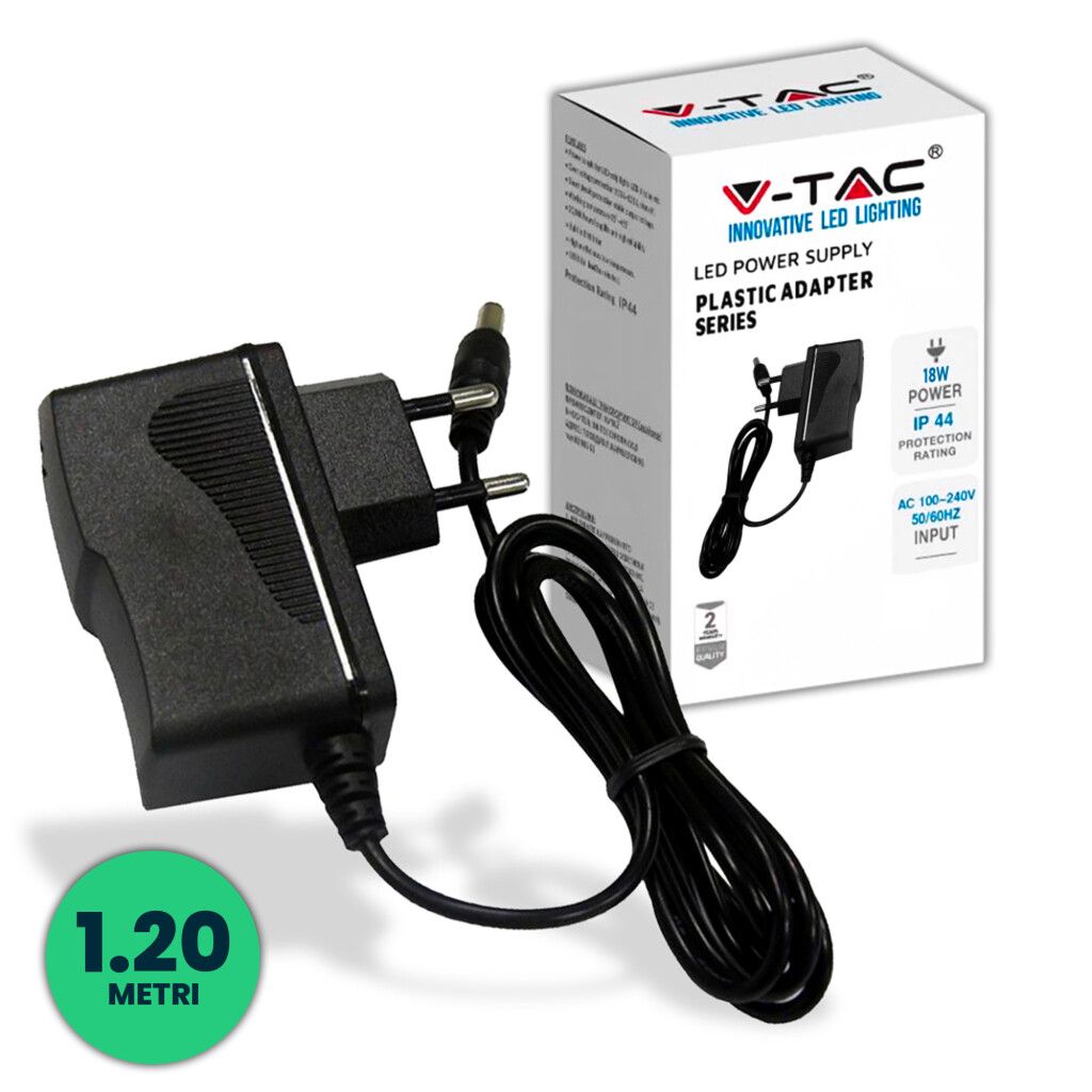 alimentatore v-tac vt-23019 18w 12v 1,5a ip44 con jack 2,1 mm