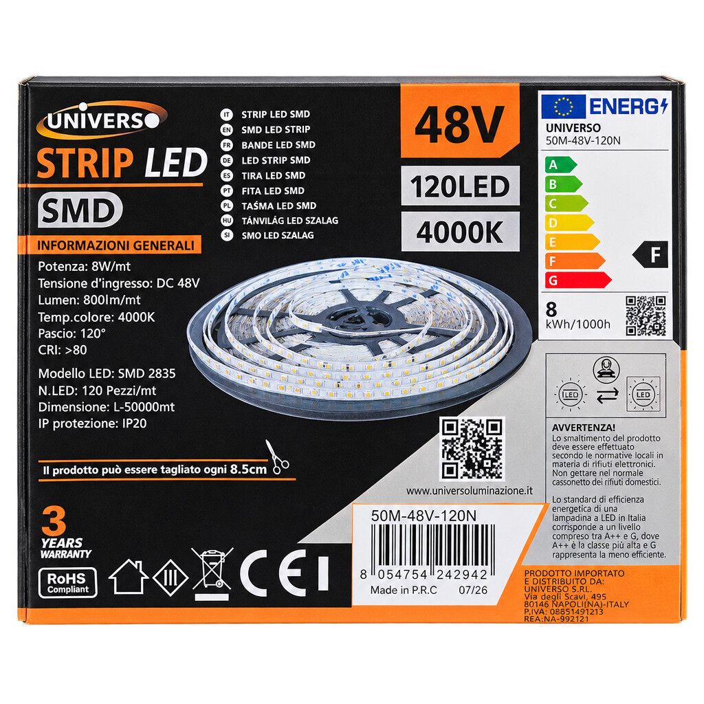 striscia led smd universo 50m-48v-120n 48v 4000k 8w/m 120 led/m