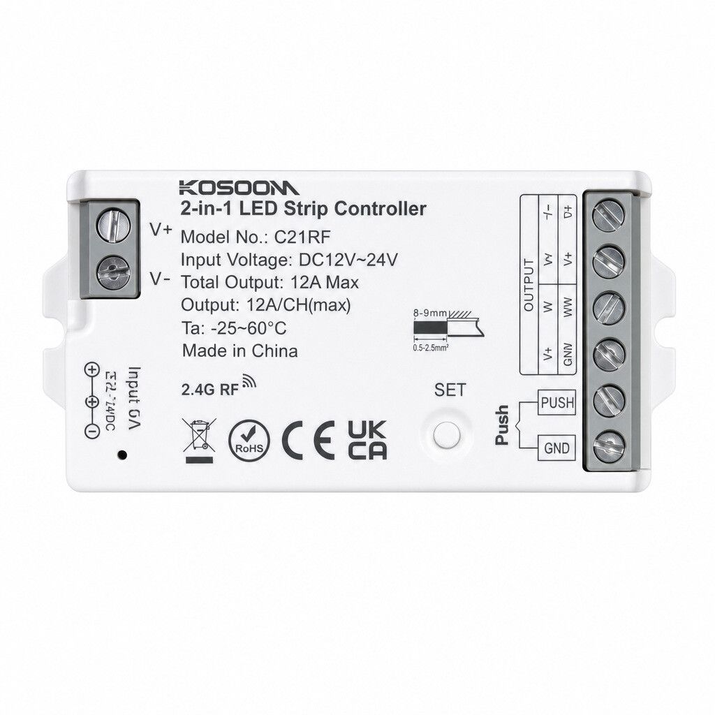 controller led 2 in 1 kossom c21rf 12-24v per strisce monocolore e cct