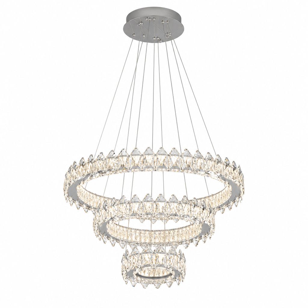 lampadario a sospensione universo a82-3c led 74w con tre anelli in cristallo