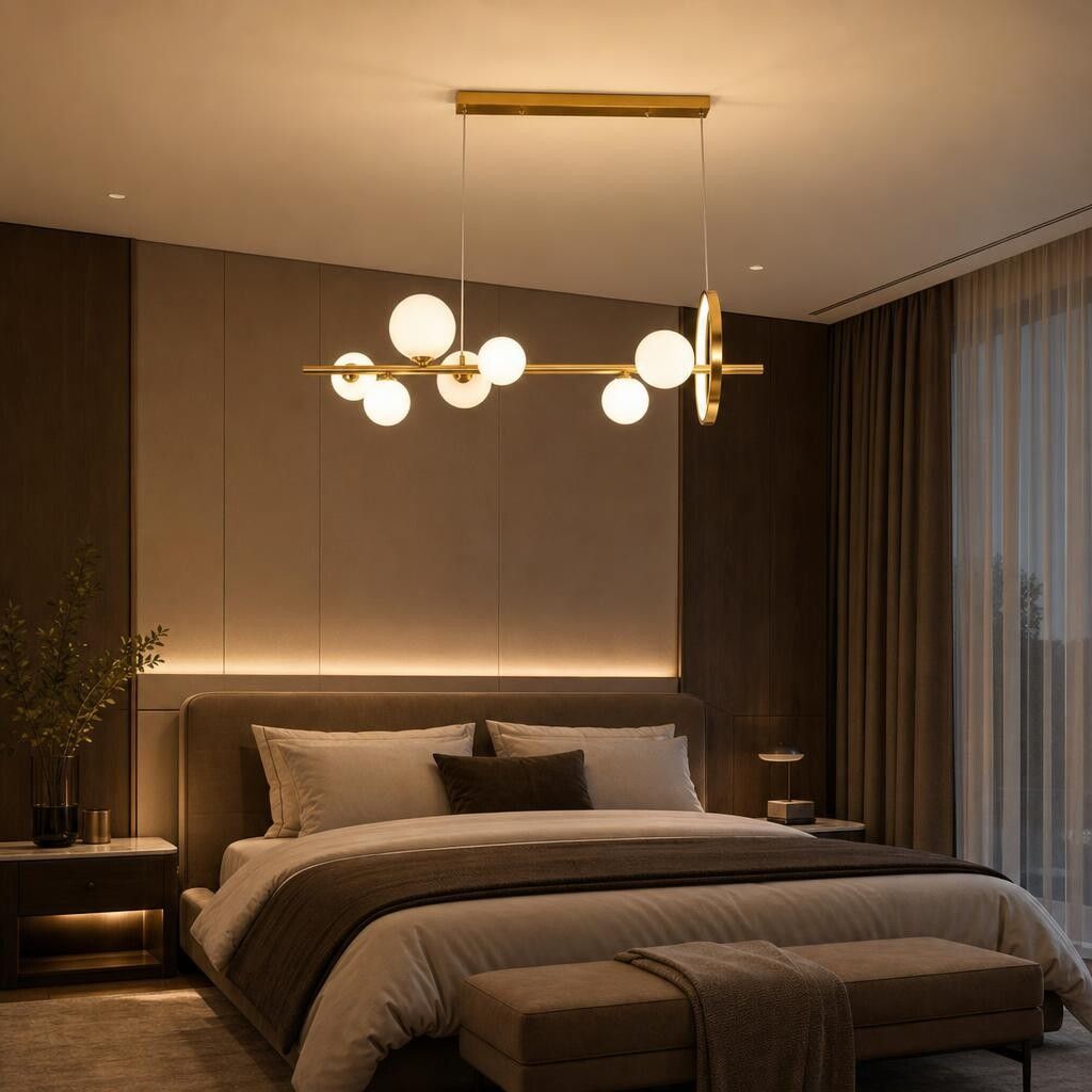 lampadario a sospensione vivalamp v648 7 luci g9 oro con sfere opaline - dettaglio 2
