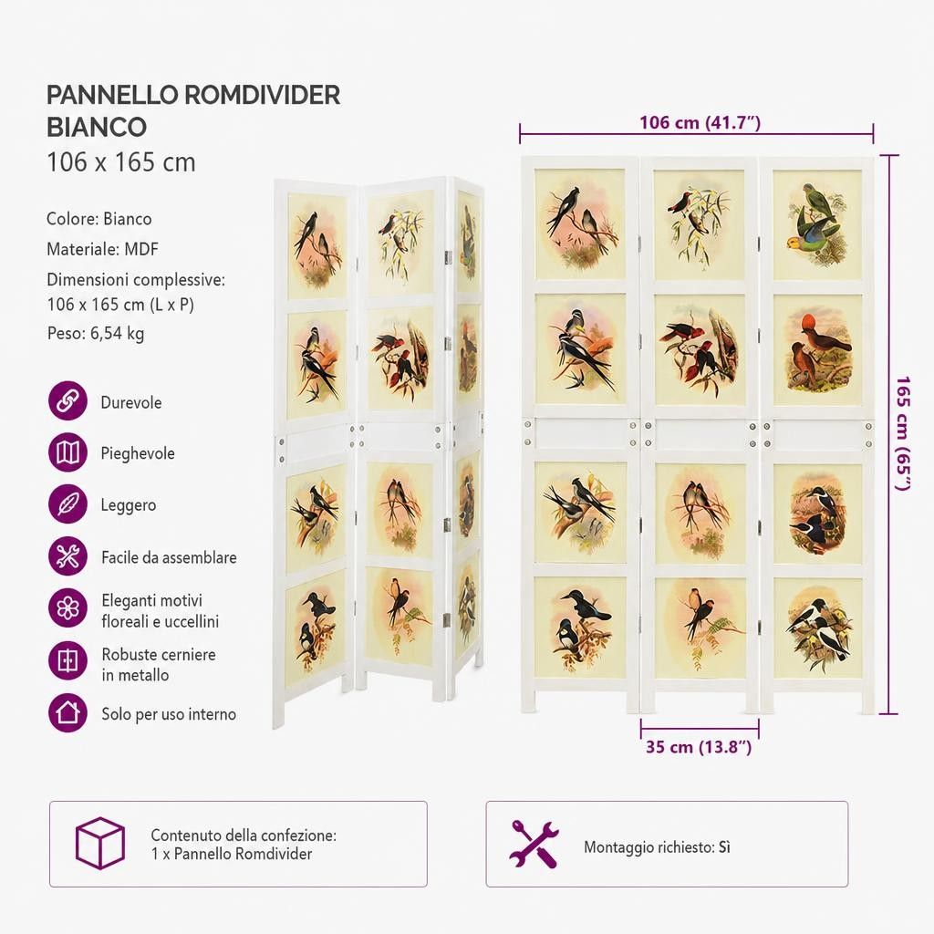 Pannello Romdivider Bianco 106 x 165 cm MDF