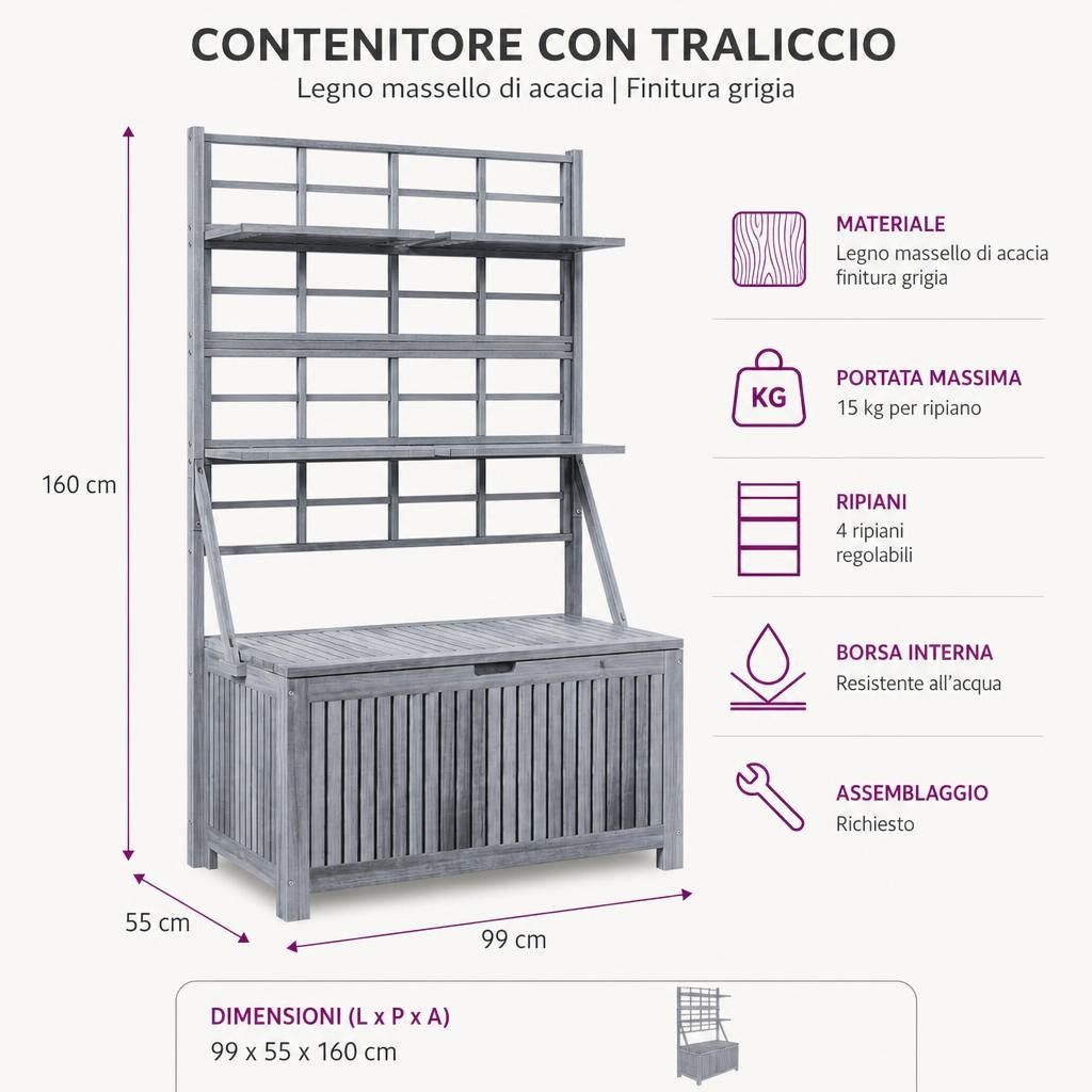 Contenitore con Traliccio Grigio 99x55x160 cm in Legno Acacia