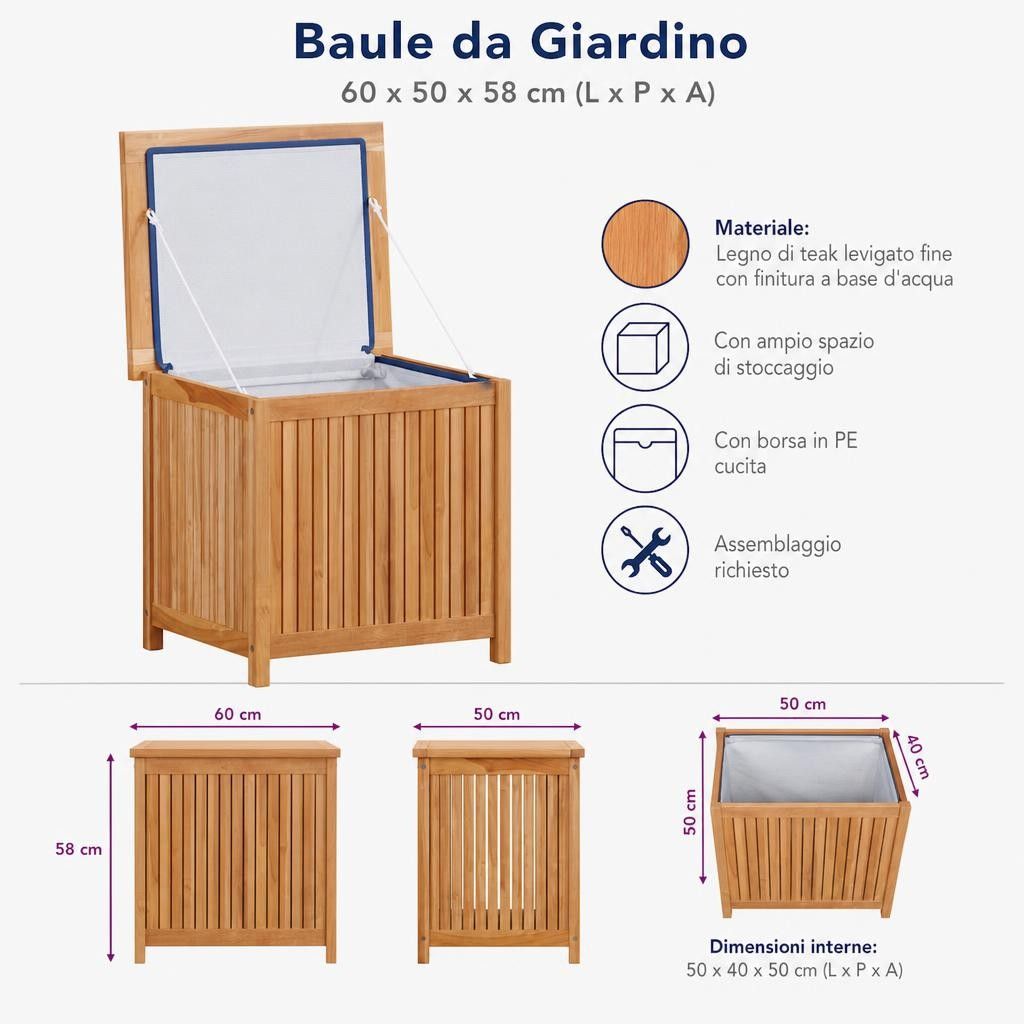 Baule da Giardino 60x50x58 cm in Legno Massello di Teak