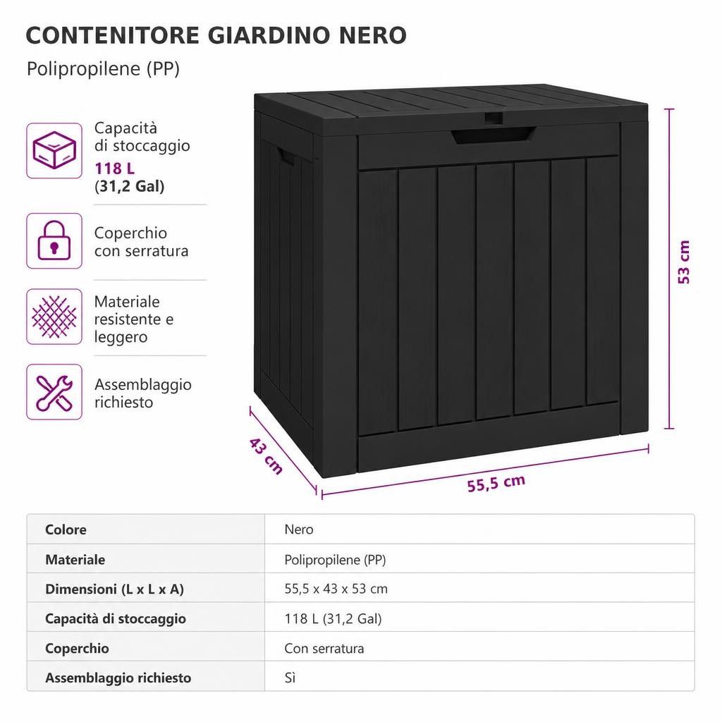 Contenitore Giardino Nero 55,5x43x53 cm Polipropilene