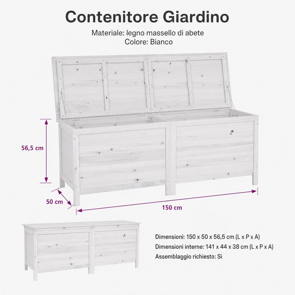 Contenitore Giardino Bianco 150x50x56,5 cm Legno Massello Abete