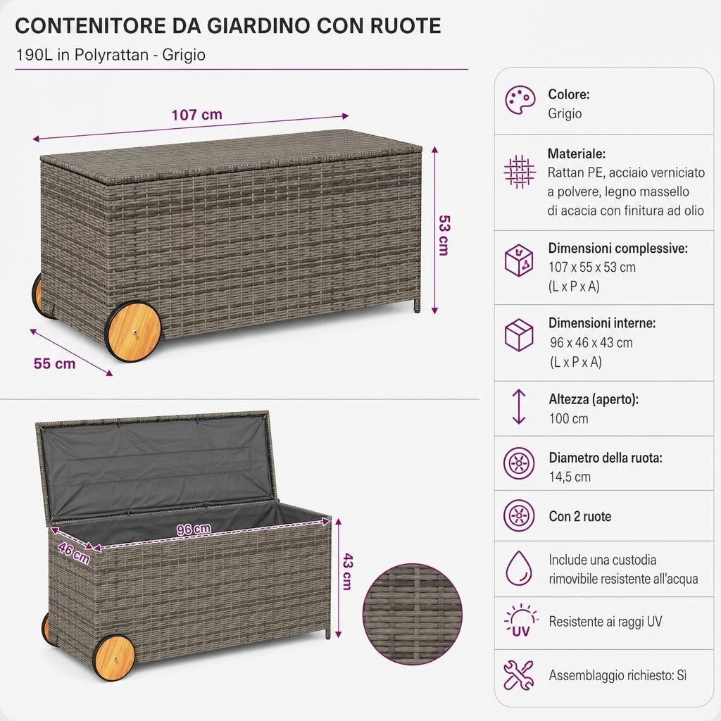 Contenitore da Giardino con Ruote Grigio 190L in Polyrattan