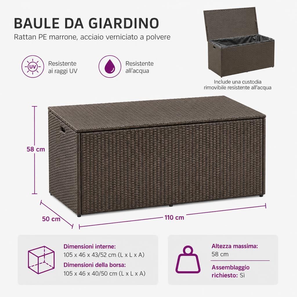 Baule da Giardino Marrone 110x50x58 cm in Polyrattan