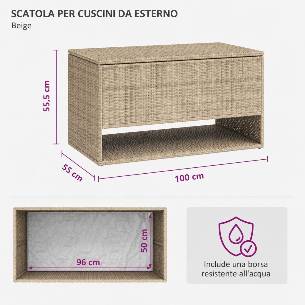 Scatola per Cuscini da Esterno Beige 100x55x55,5 cm Polyrattan