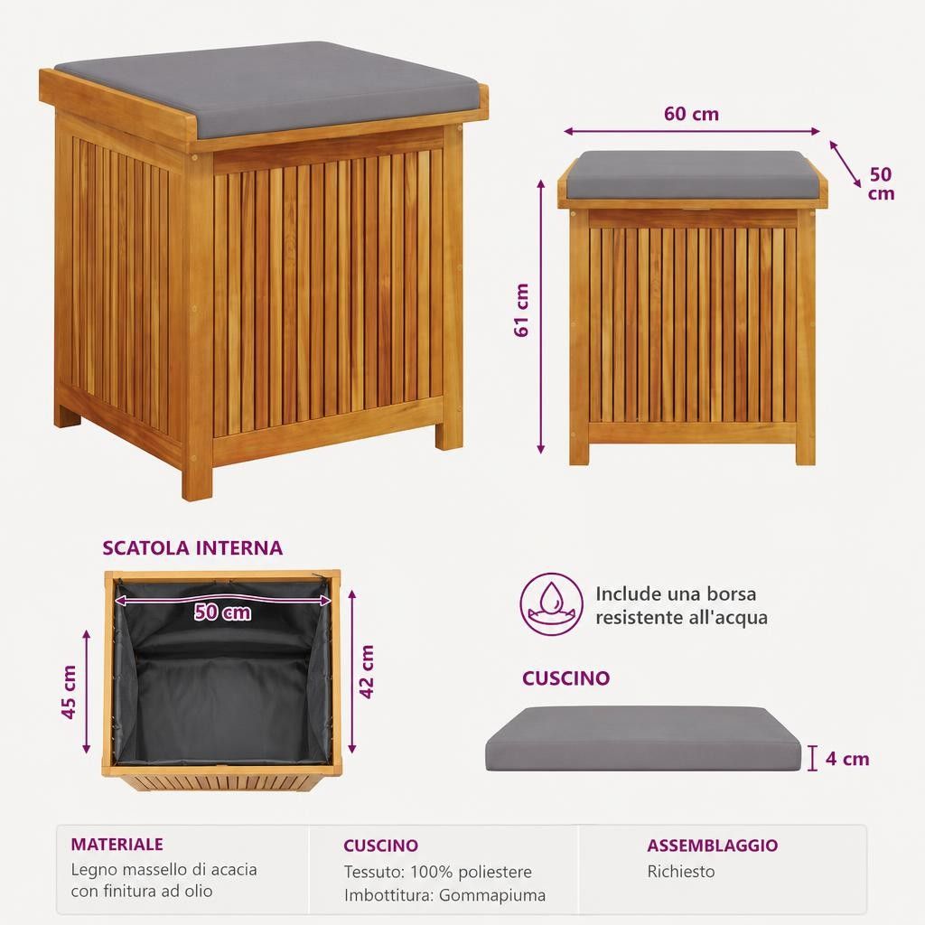 Scatola Cuscini da Esterno 60x50x61 cm Legno Massello Acacia