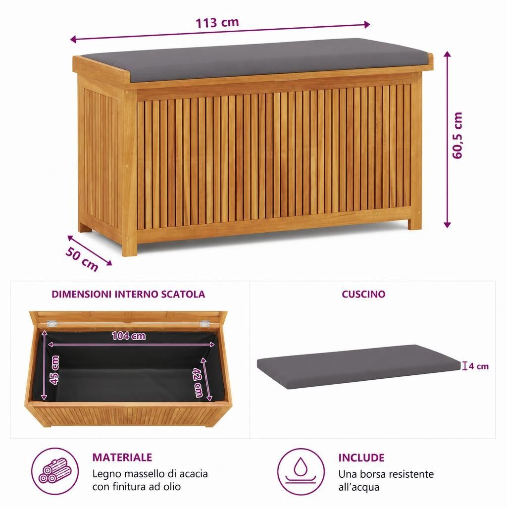 Scatola Cuscini da Esterno 113x50x60,5 cm Legno Massello Acacia