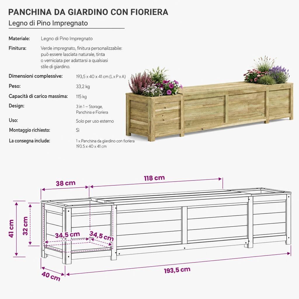 Panchina da giardino con fioriera Legno di Pino Impregnato