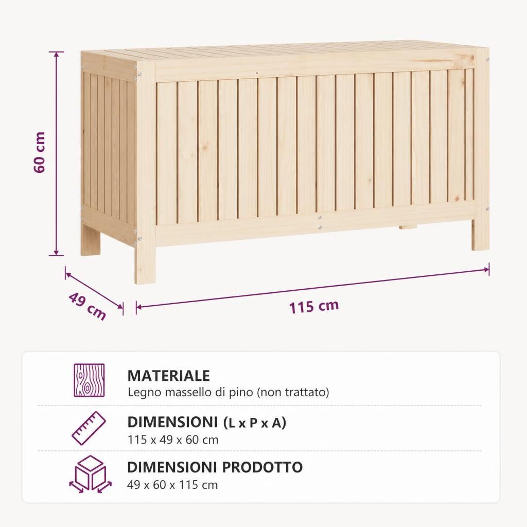 Contenitore da Giardino 115x49x60 cm in Legno Massello di Pino
