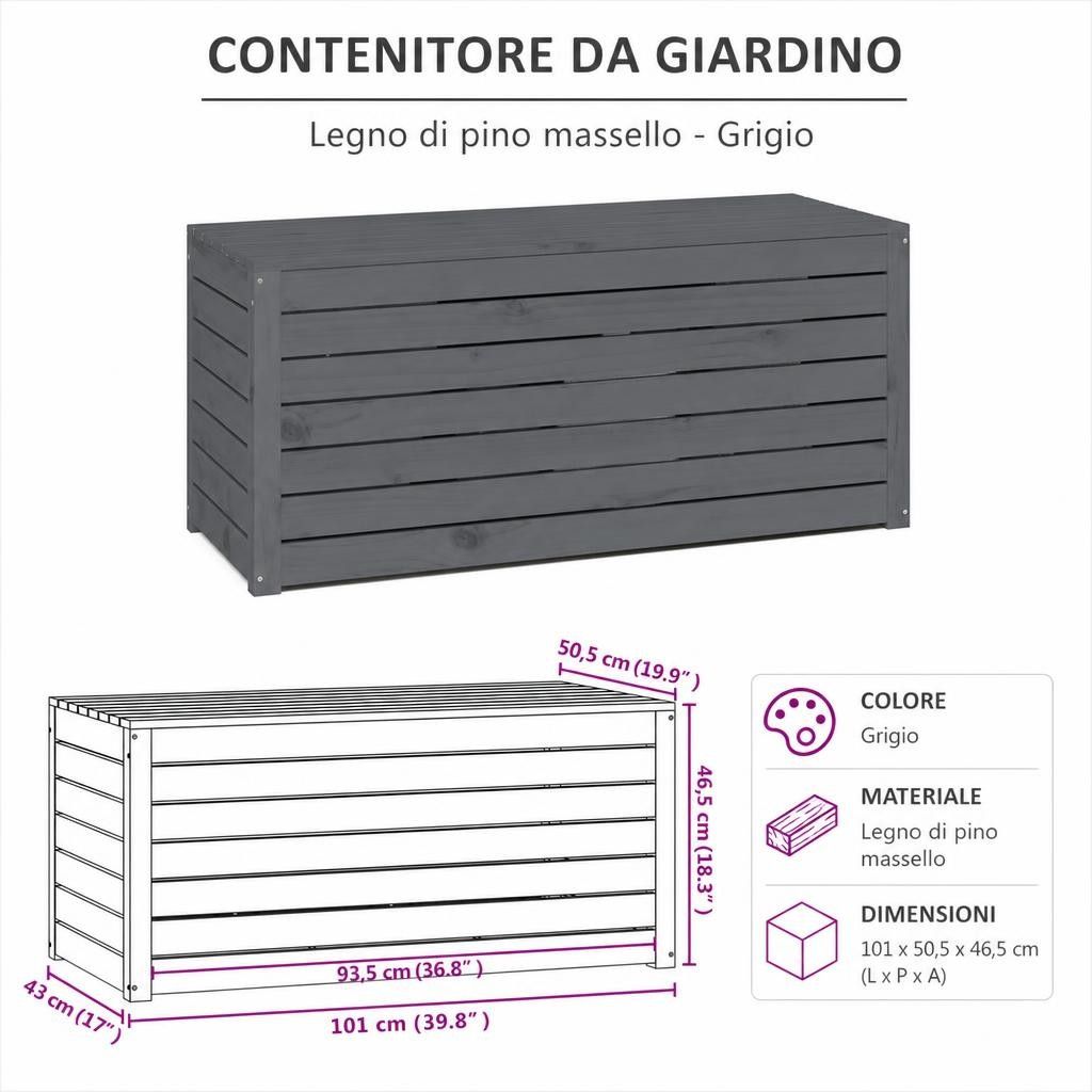 Contenitore Giardino Grigio 101x50,5x46,5cm Legno Massello Pino