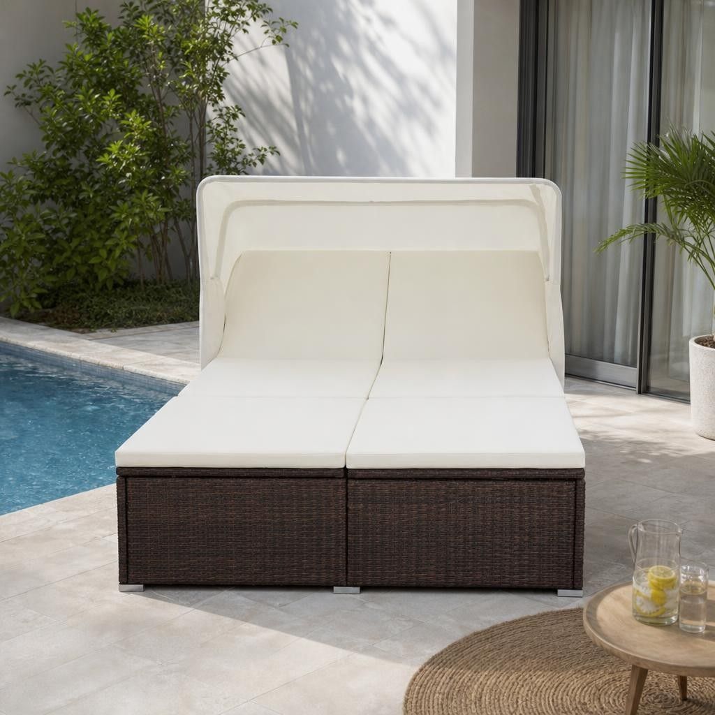 Lettino Prendisole a 2 Posti con Cuscino in Polyrattan Marrone