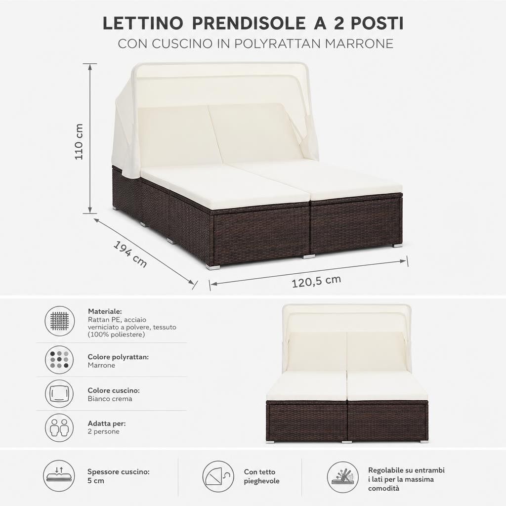 Lettino Prendisole a 2 Posti con Cuscino in Polyrattan Marrone
