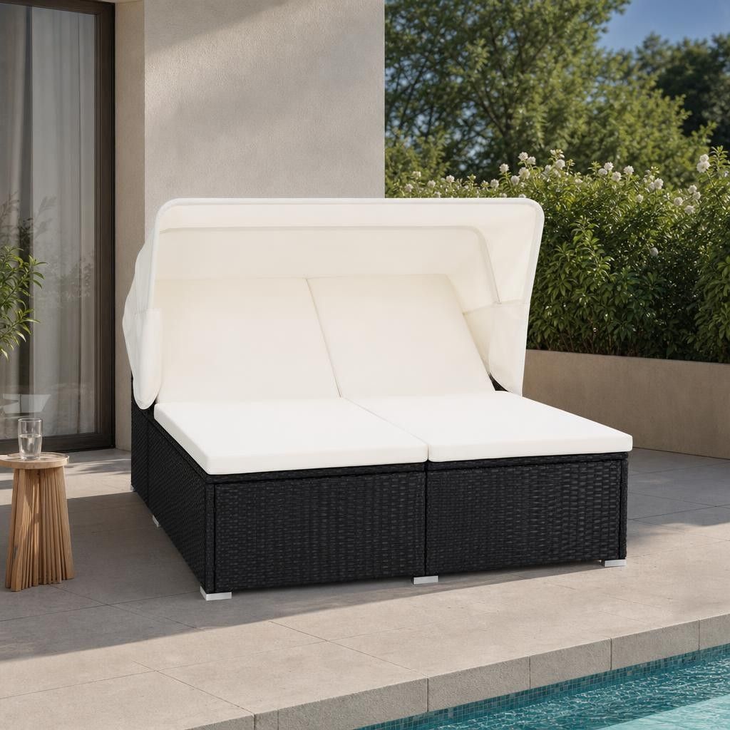 Lettino Prendisole a 2 Posti con Cuscino in Polyrattan Nero