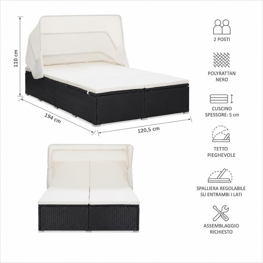 Lettino Prendisole a 2 Posti con Cuscino in Polyrattan Nero