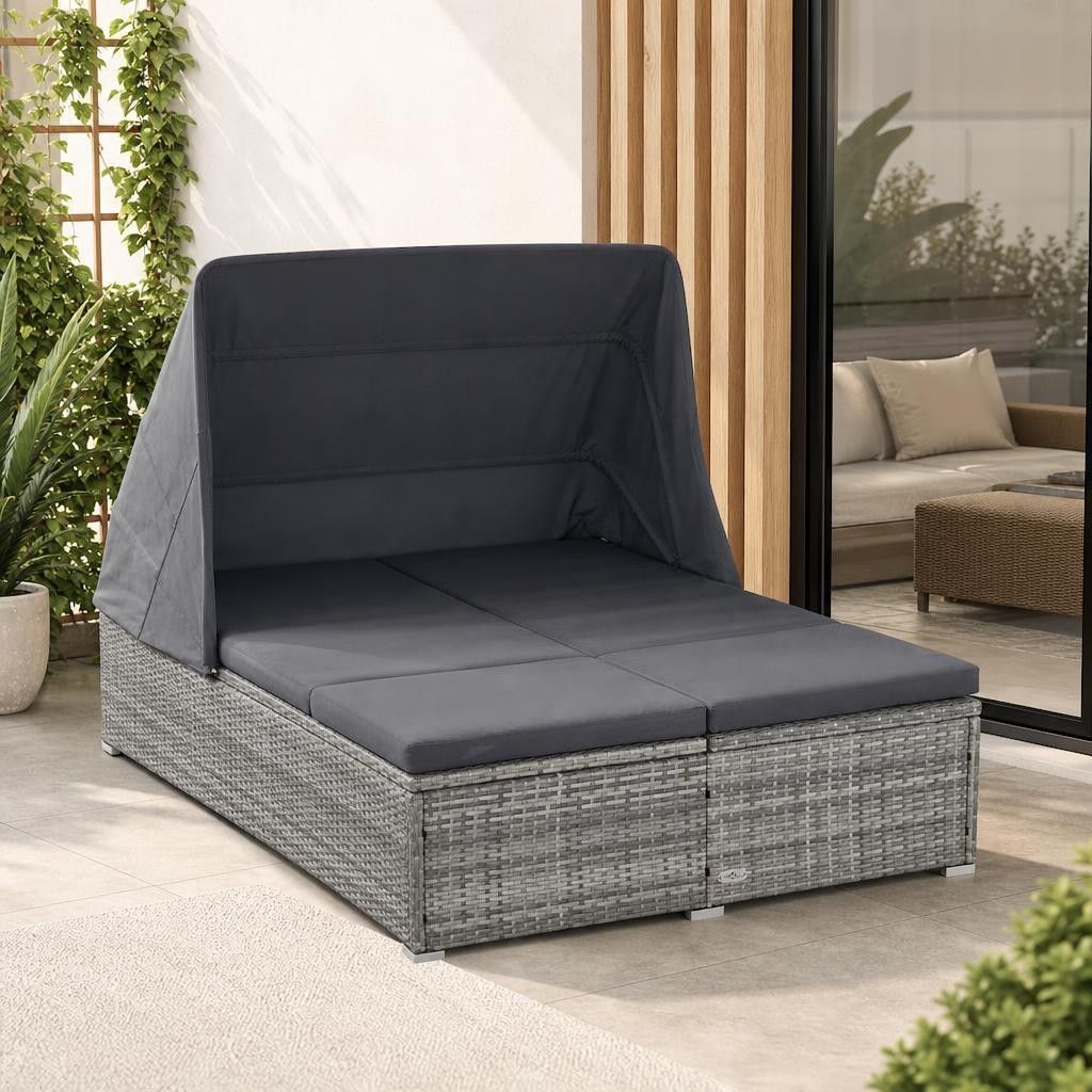 Lettino Prendisole a 2 Posti con Cuscino in Polyrattan Grigio