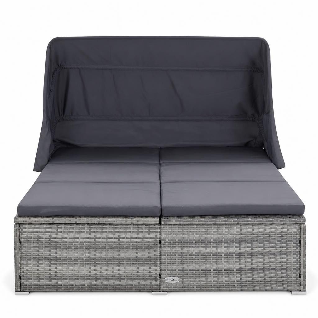 Lettino Prendisole a 2 Posti con Cuscino in Polyrattan Grigio