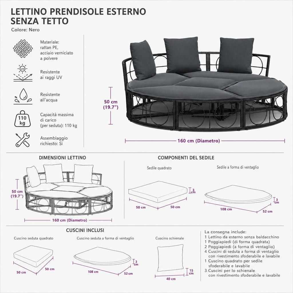 Lettino Prendisole Esterno senza Tetto Nero in Polyrattan