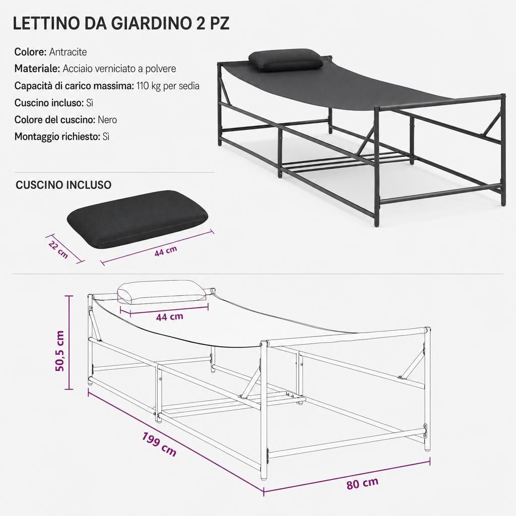 Lettino da Giardino 2 pz Antracite Acciaio verniciato a polvere