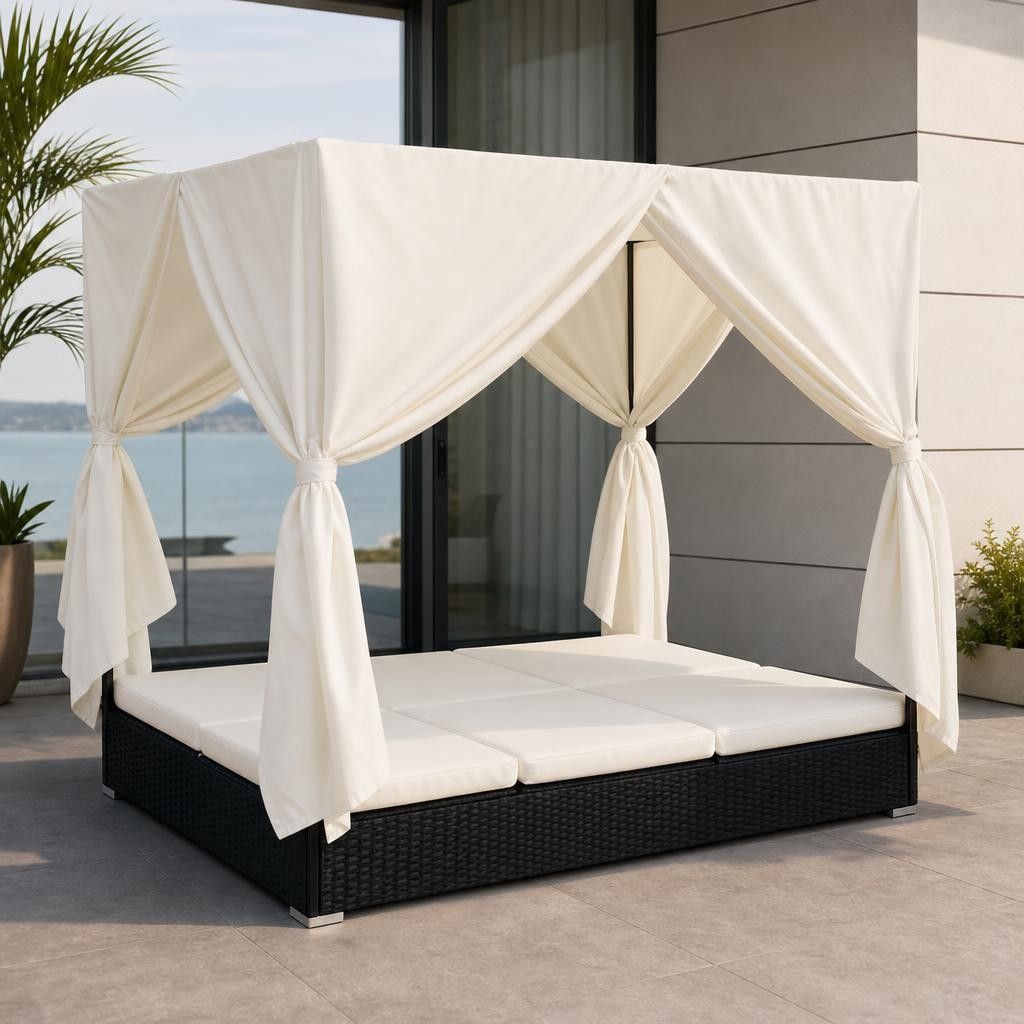 Lettino Prendisole con Tende in Polyrattan Nero