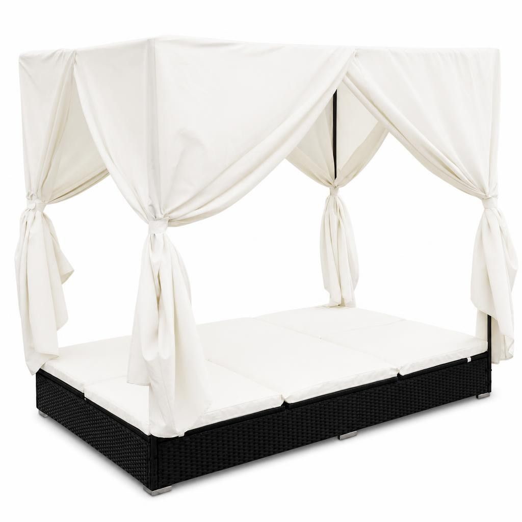 Lettino Prendisole con Tende in Polyrattan Nero