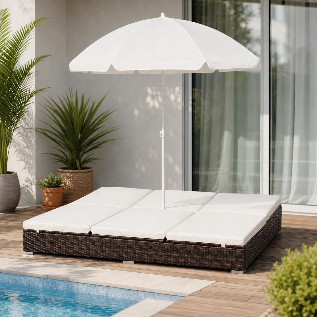 Lettino Prendisole con Ombrellone in Polyrattan Marrone