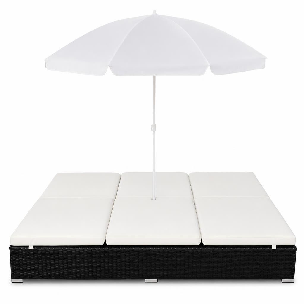 Lettino Prendisole con Ombrellone in Polyrattan Nero