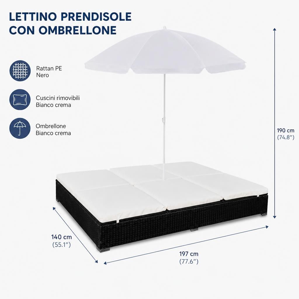 Lettino Prendisole con Ombrellone in Polyrattan Nero