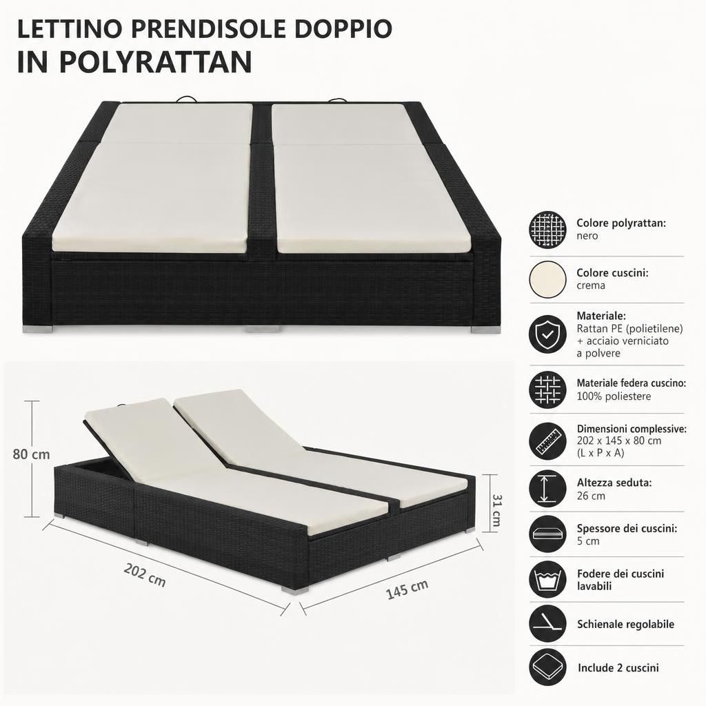 Lettino Prendisole Doppio in Polyrattan Nero