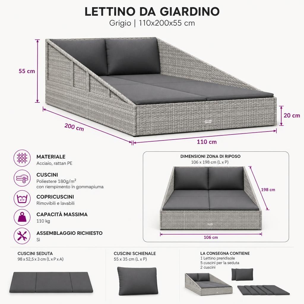Lettino da Giardino Grigio 110x200 cm in Polyrattan