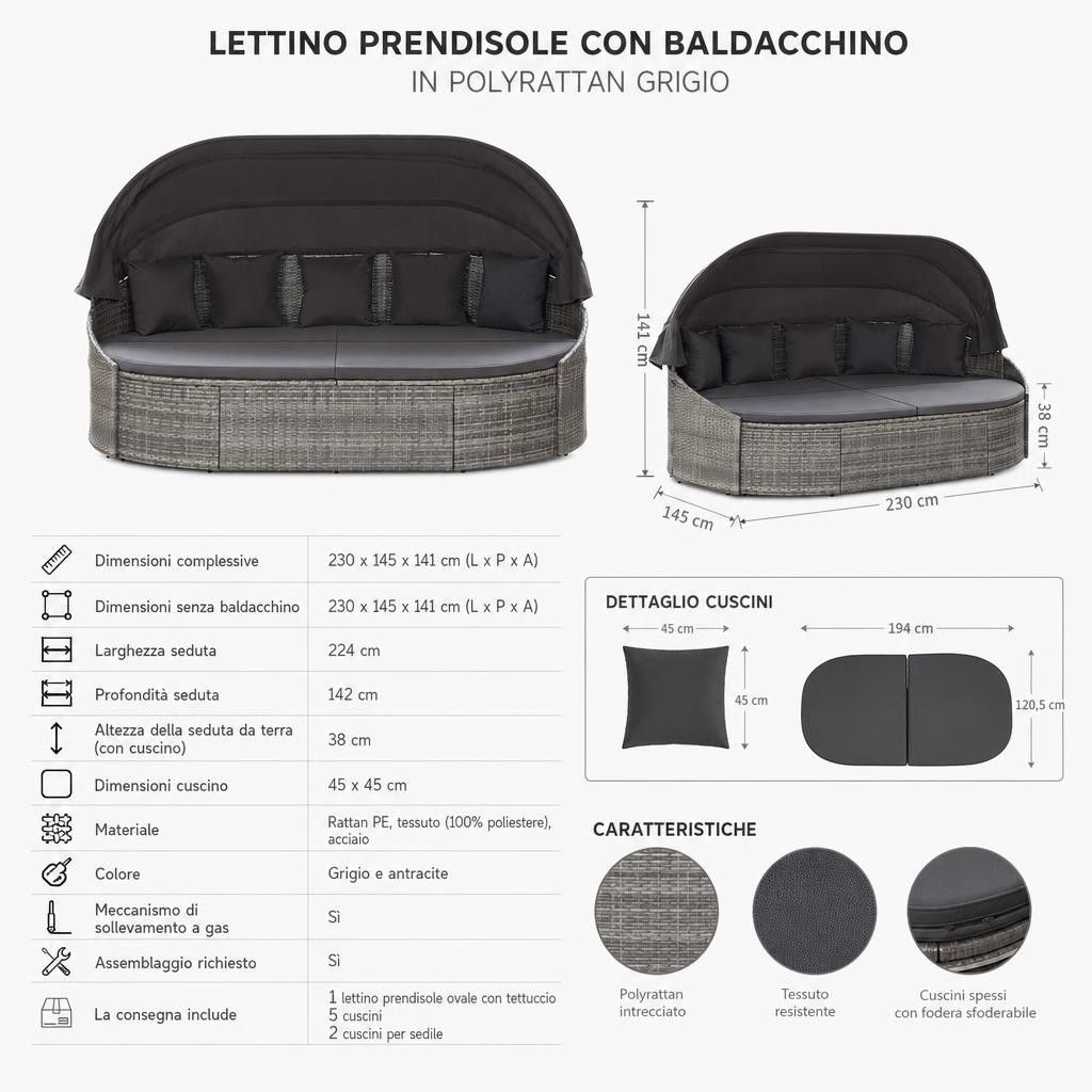 Lettino Prendisole con Baldacchino in Polyrattan Grigio