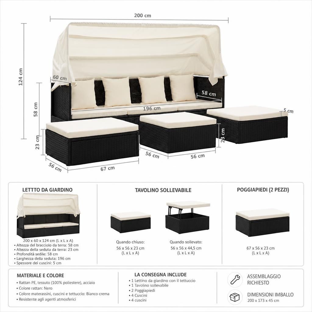 Lettino da Giardino con Tettuccio in Polyrattan Nero