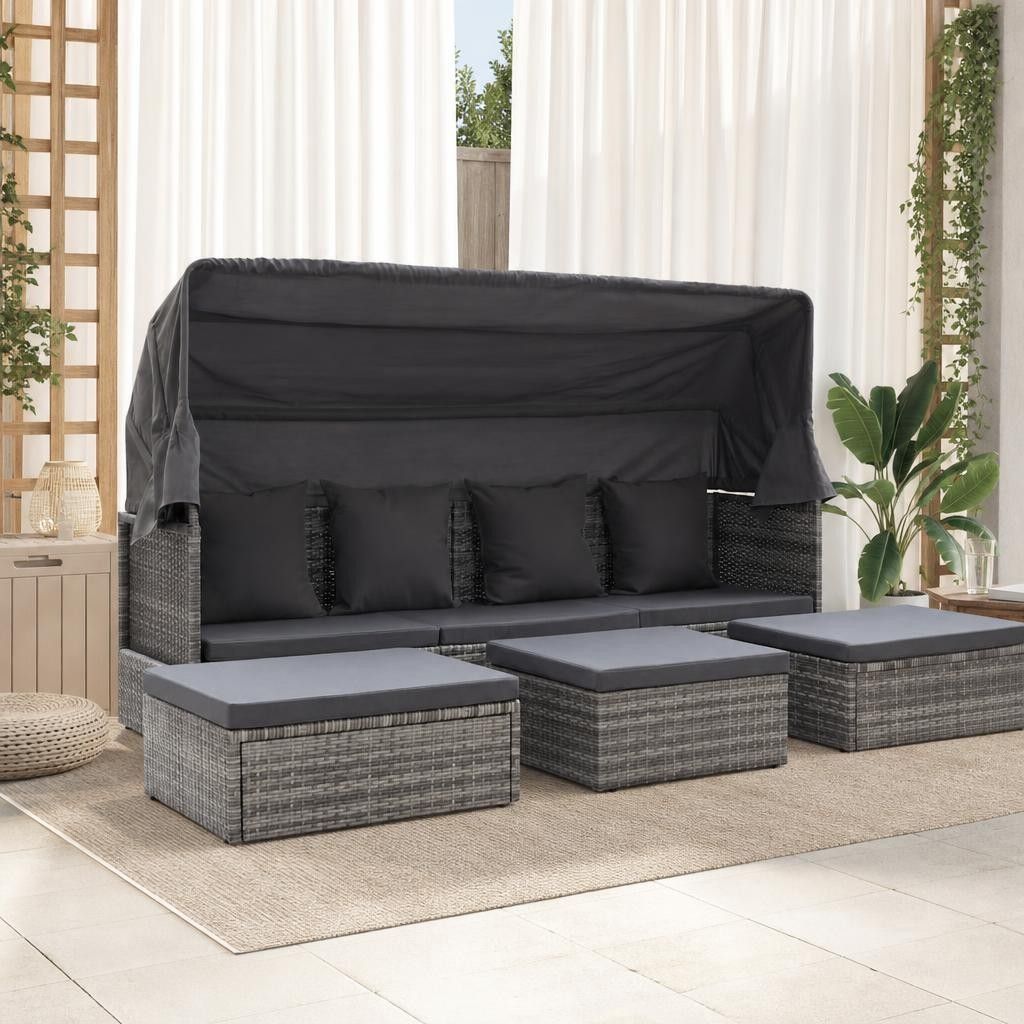 Lettino da Giardino con Tettuccio in Polyrattan Grigio Mélange