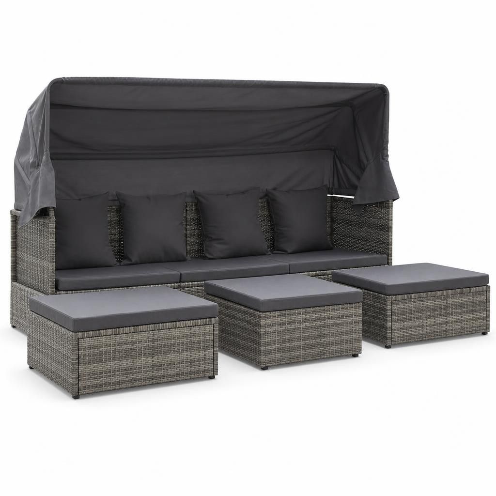 Lettino da Giardino con Tettuccio in Polyrattan Grigio Mélange