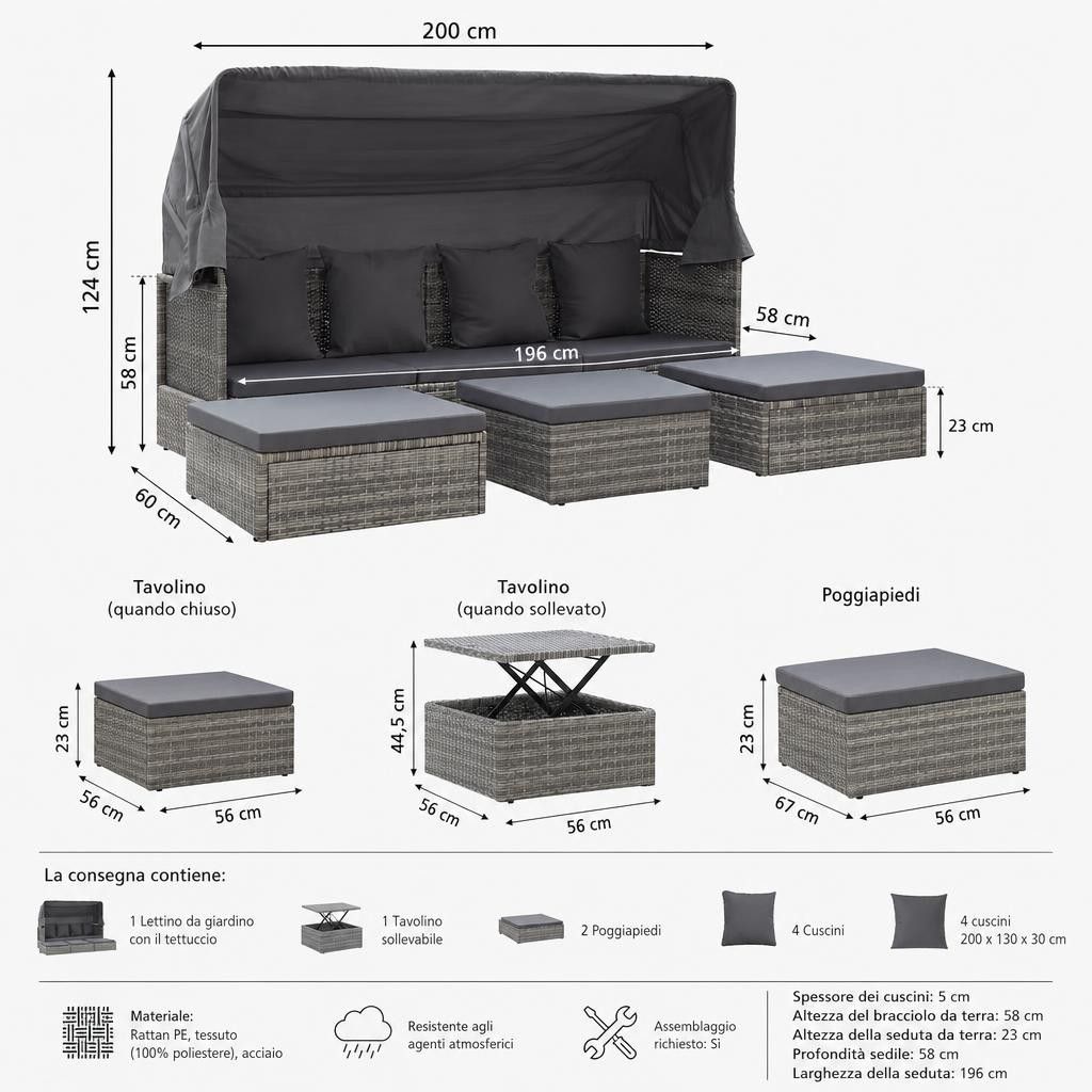 Lettino da Giardino con Tettuccio in Polyrattan Grigio Mélange
