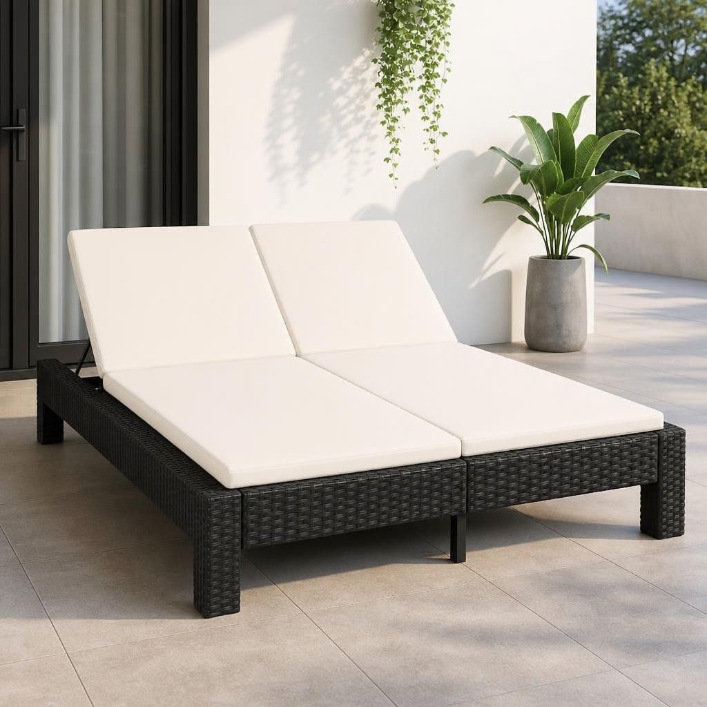 Lettino Prendisole a 2 Posti con Cuscino Nero in Polyrattan