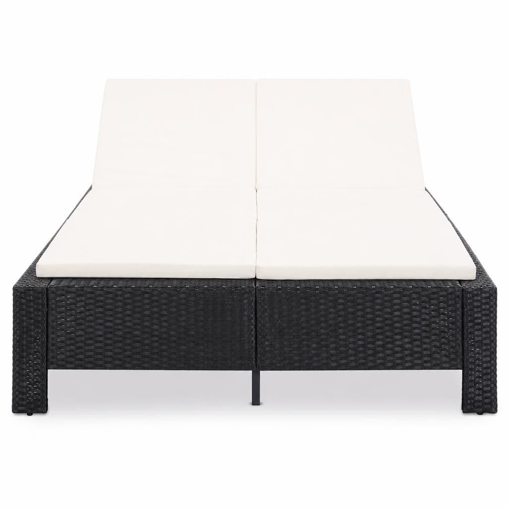 Lettino Prendisole a 2 Posti con Cuscino Nero in Polyrattan