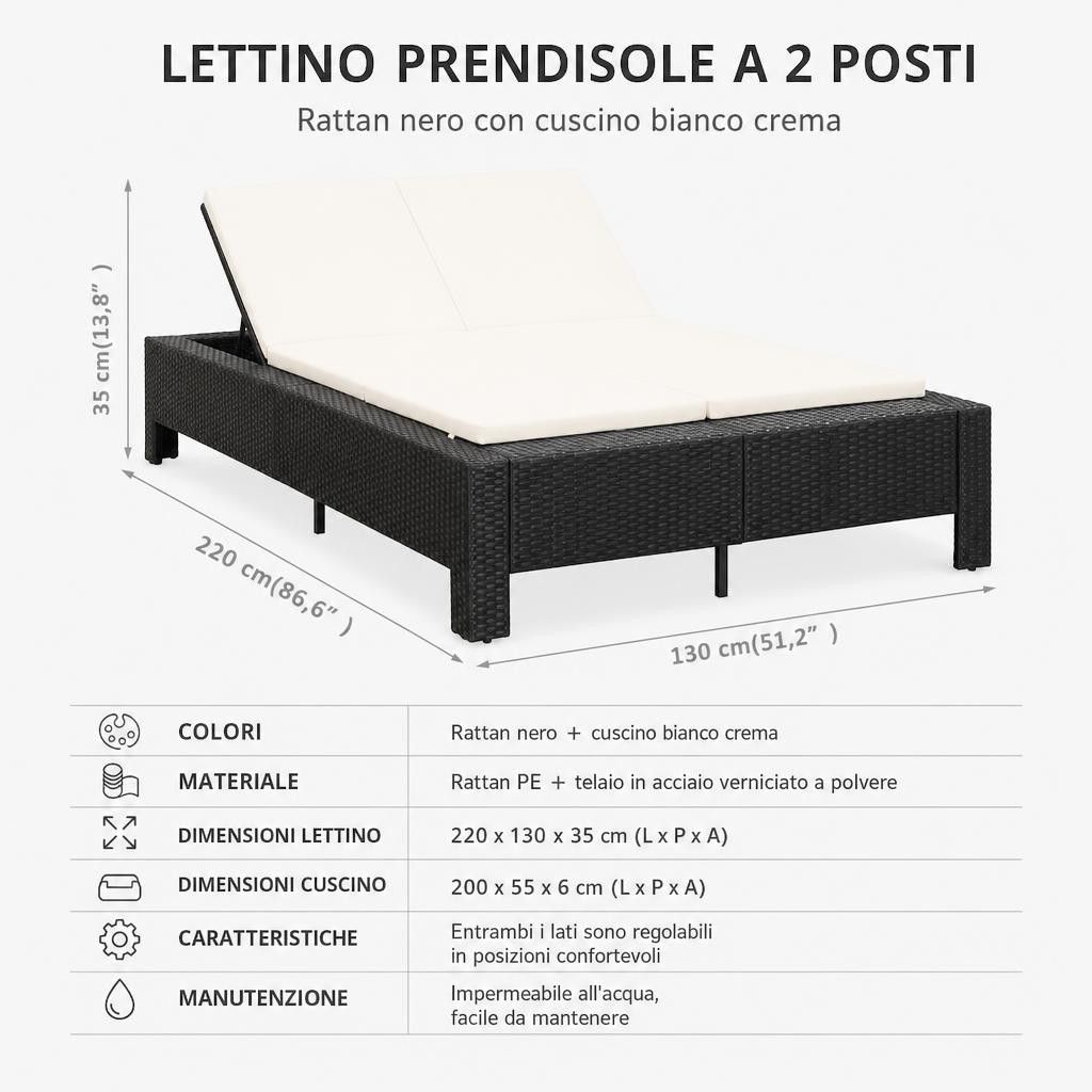 Lettino Prendisole a 2 Posti con Cuscino Nero in Polyrattan