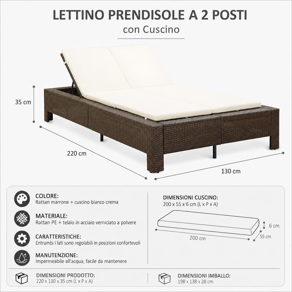Lettino Prendisole a 2 Posti con Cuscino Marrone in Polyrattan