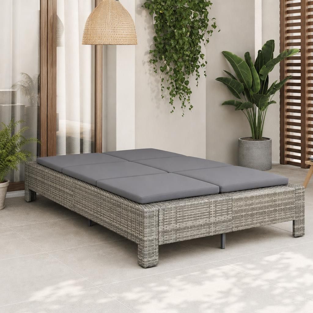 Lettino Prendisole a 2 Posti con Cuscino in Polyrattan Grigio