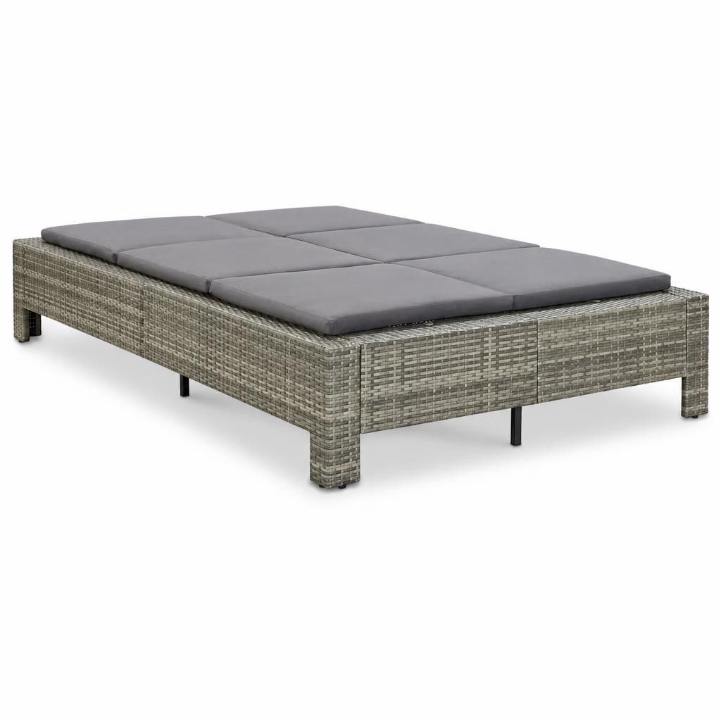 Lettino Prendisole a 2 Posti con Cuscino in Polyrattan Grigio