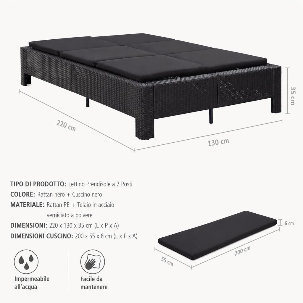 Lettino Prendisole a 2 Posti con Cuscino Nero in Polyrattan